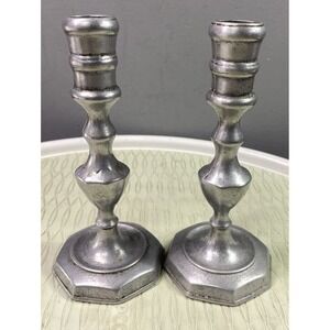 2 Classic Vintage Pewter Candle Stick Holders Anchor Stamp On Base 6" T-2 3/4" B